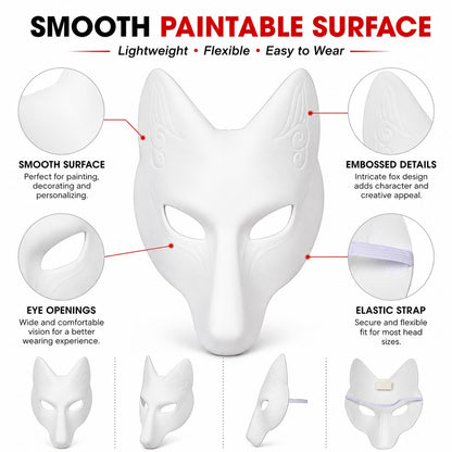 DIY White Fox Mask Paintable Kitsune Cosplay Half Face Mask, Blank Anime Fox Mask for Halloween Party Masquerade Stage Prop