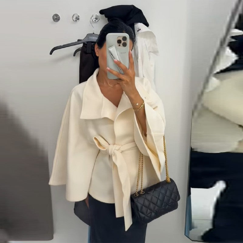 chic vintage cape jacket with belt stand neck single breasted loose coat loose flare sleeve coats early lady autumn Y2K outwears