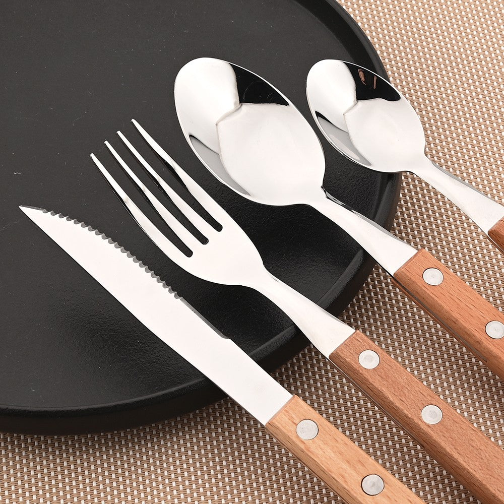 JANKNG 304 Stainless Steel Fork with Wooden Handle Tableware Cutlery Mirror Dinnerware Flatware Silverware Kitchen Accessories