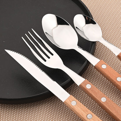 JANKNG 304 Stainless Steel Fork with Wooden Handle Tableware Cutlery Mirror Dinnerware Flatware Silverware Kitchen Accessories