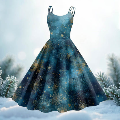 High Quality Cute Women's Casual Fashion Round Neck Christmas Print Mid-Length Dress Pretty Sweet Christmas Suspender Dress