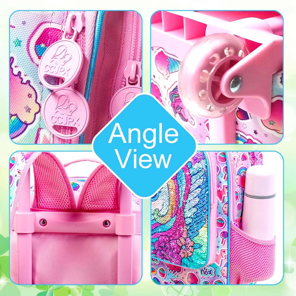 Mochila de Rodinhas de Unicórnio 3 Peças para Meninas, Mochilas Escolares Infantis com Rodas, Mochila de Rodinhas com Lancheira para Pré-Escolares e Ensino Fundamental