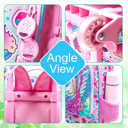Mochila de Rodinhas de Unicórnio 3 Peças para Meninas, Mochilas Escolares Infantis com Rodas, Mochila de Rodinhas com Lancheira para Pré-Escolares e Ensino Fundamental