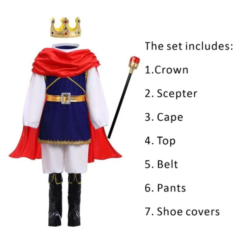 Medieval King Prince Red Blue 7 Piece Costume Set With Crown Scepter Cape For Royal Halloween Party Fancy Dress Performance