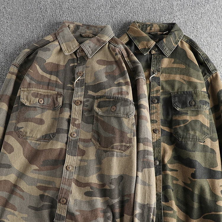 May Khaki wash vintage thick woven cotton cargo long sleeve shirt men's autumn and winter casual shirt coat