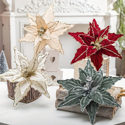 1/4pcs Christmas Holiday Decorative Flowers Artificial Flowers,Shiny Sequin Velvet Christmas Flowers 25.91cm,  home decor