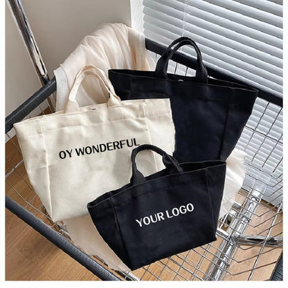 Wholesale 100pcs/lot Recycled Reusable Daily Handbag Custom Logo Cotton Canvas Tote Bag Convenient Shopping Women Gift Bag