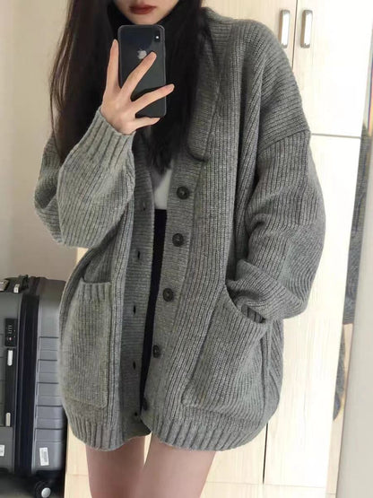 Cardigan for Women Solid Novelties in Chic Office Wear Vintage Korean Streetwear Clothing Sales Y2k Loose Knitted Sweater Woman