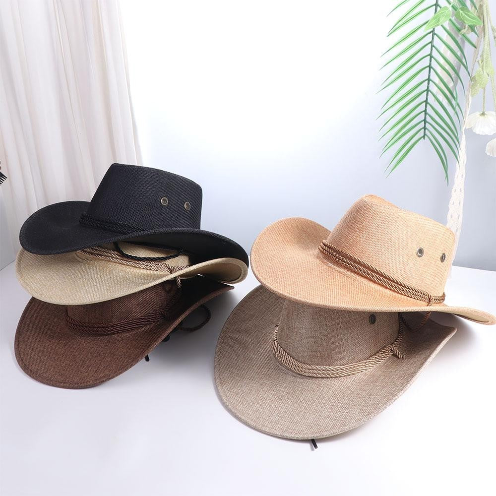 Linen Western Cowboy Hat Beach Cap Wide Brim Summer Sun Hat Outdoor Visor Cap Sun Protection Cap Beach Sunscreen Cap Summer