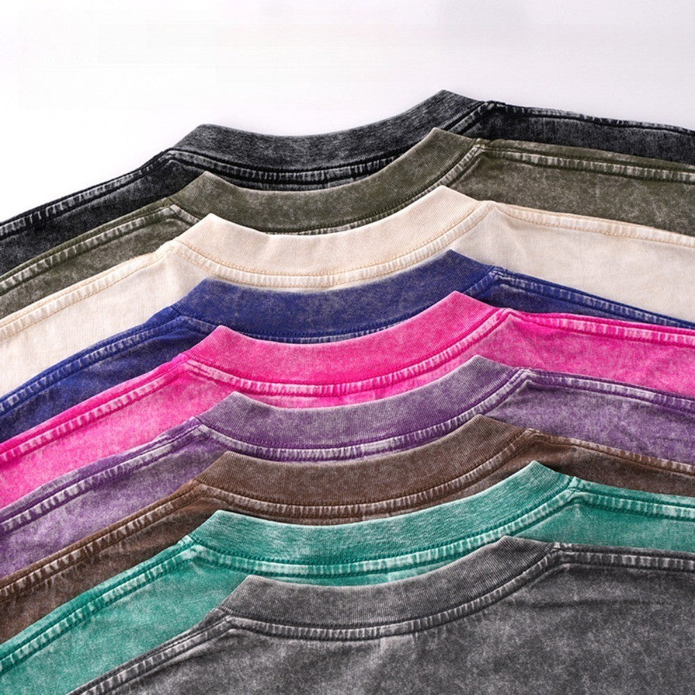 230g retro fried snowflake washed T-shirt Europe and the United States cross-border cotton t loose bottoming round neck pullover