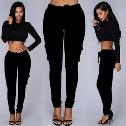 Women Slim Fit Pencil Pants Multi Pocket Drawstring Tie Waist Casual Trousers with Belt