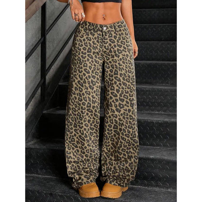 Female Retro Designer Straight Leg Jeans Pants Lady Fashion High Waist Denim Pants Women Leopard Print Baggy Trousers