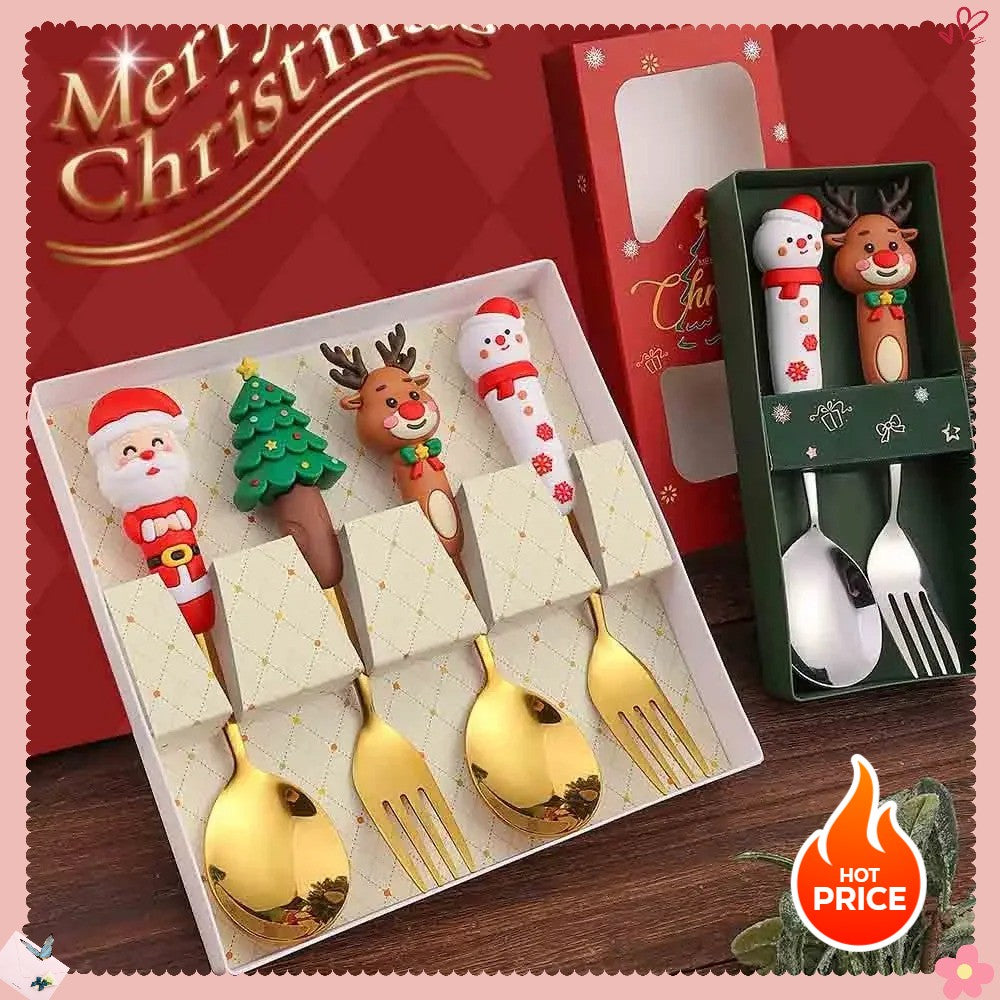 4PCS Christmas Cutlery Set Playful Silver Spoon and Fork Combination Reindeer and Christmas Tree Decorative Cutlery Gift Box