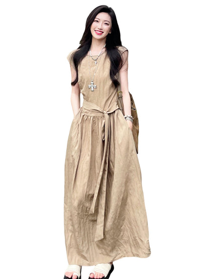 French Riviera Maxi Dress Women Sleeveless Vacation Wear Sculpted Waist Effortless Elegance Seaside Aesthetic Minimalist Luxury