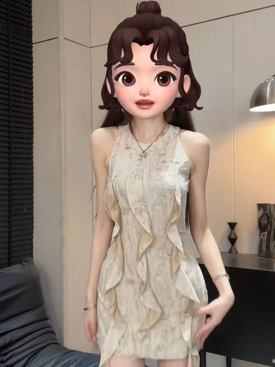 Ruffle Collar Halter Bodycon Dress Women Vintage Inspired Innocent Seduction Aesthetic Summer Body Hugging Pencil Skirt Modern C