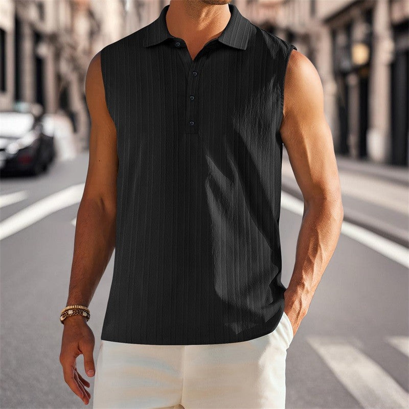 Men s Sleeveless Collared Tank Tops with Textured Stripes and Half Button-up Detail Solid Color Casual Shirts for Summer Wear