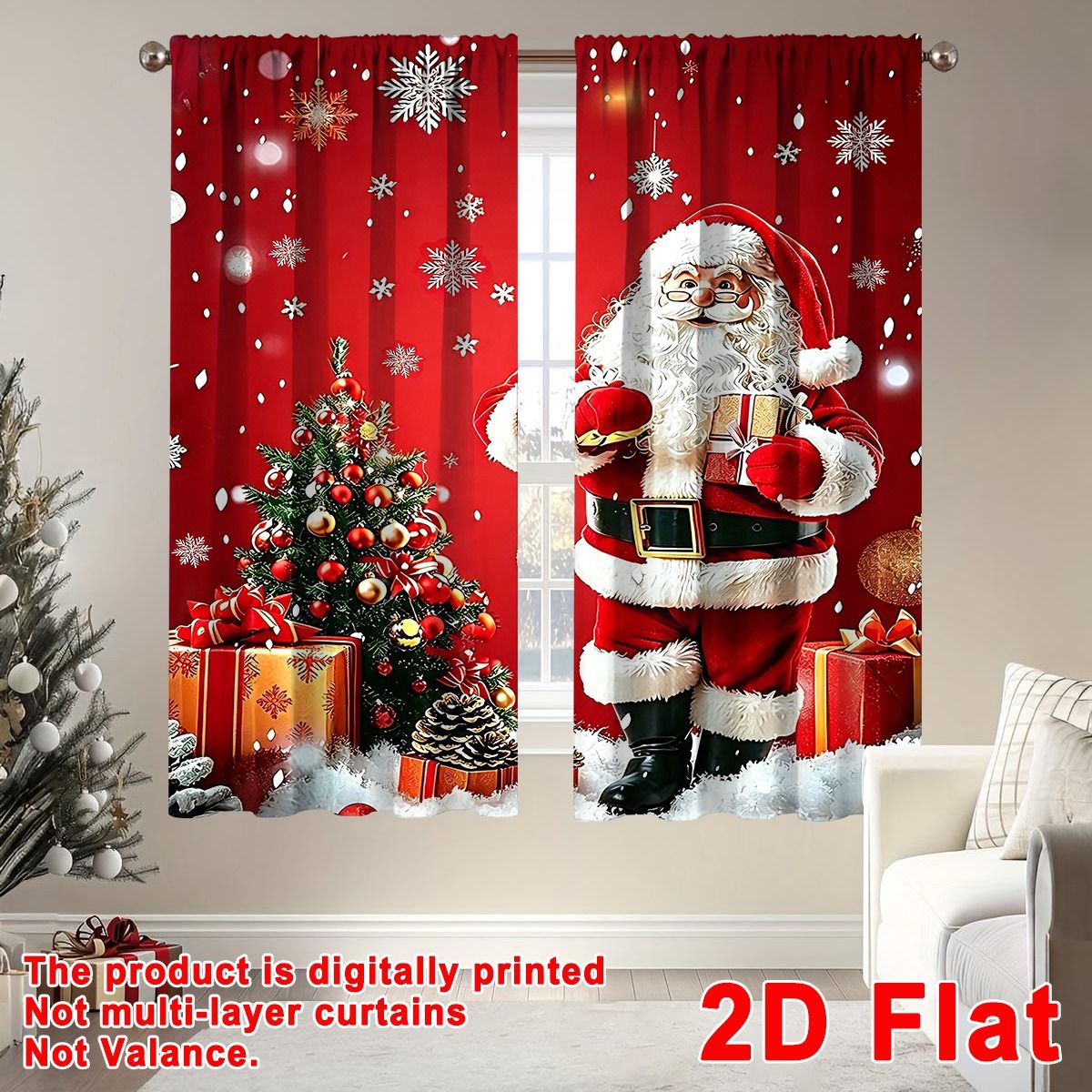 2pcs Merry Christmas Curtains Santa Xmas Tree Design 60*150cm Polyester Window Drapes for Home Bedroom Decor Festive Supplies