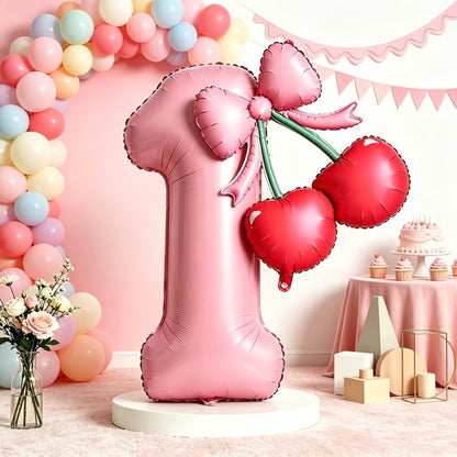 Cherry & Bow Balloon Kit Pink Number Balloons Birthday Wedding Anniversary Holiday Party Background Shooting Props