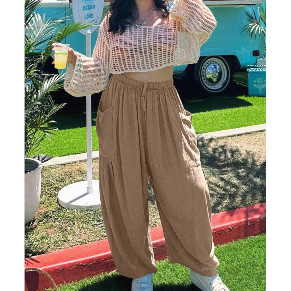 Women's Stretched-waist Pleated High-waisted Wide-leg Trousers Spring Autumn Fashion Cotton Linen Pocket Casual Trousers Woman