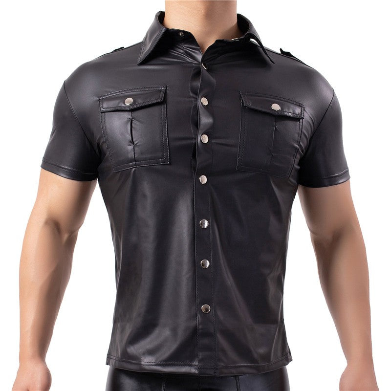 Mens Shirts Faux Leather T Shirts Nightclub Stage Costumes Short Sleeve Button Up Shirt PU Leather Latex Wetlook Dance Clubwear