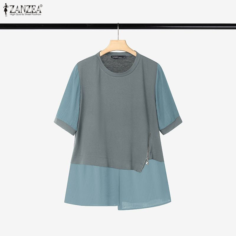 ZANZEA Women Summer Patchwork Blouse 2025 Casual O Neck Short Sleeve Tops Blusas Fashion Elegant Work Shirt Mujer Female Chemise