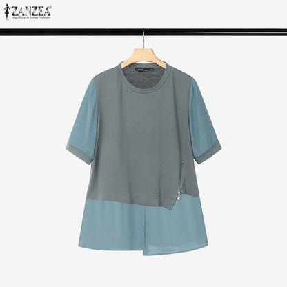 ZANZEA Women Summer Patchwork Blouse 2025 Casual O Neck Short Sleeve Tops Blusas Fashion Elegant Work Shirt Mujer Female Chemise