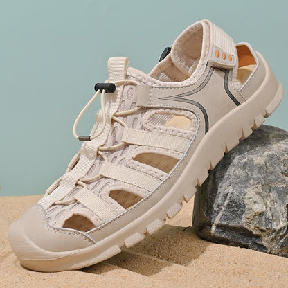 Sandals men's tide summer new style leather toe cap outdoor leisure sports hollow sandals beach shoes Handmade mesh men shoes