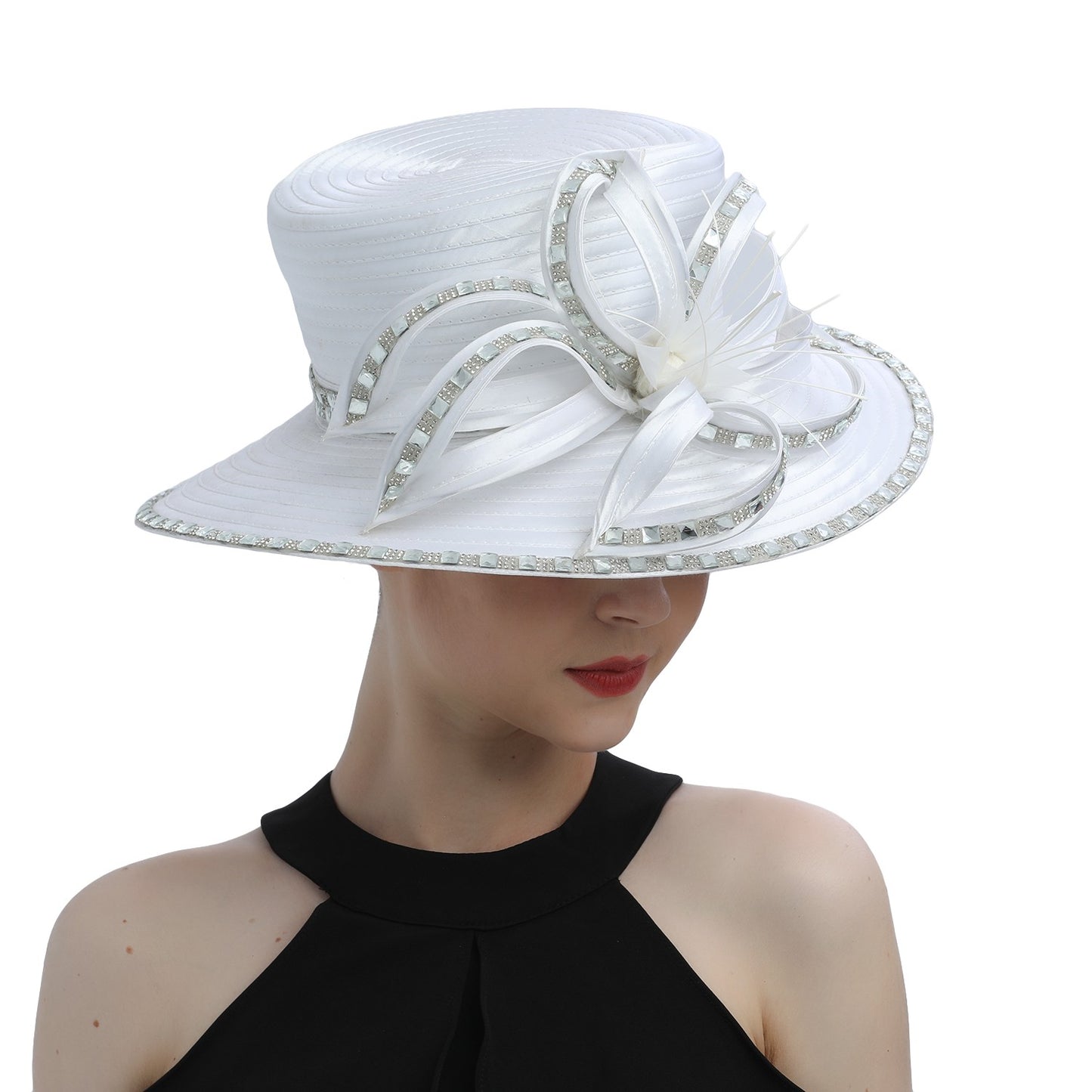 Deluxe New White Church Hat Party Banquet Satin Cloth Photography Hats Premium Chains Formal Hat Flower Top Cap For Women Ladies