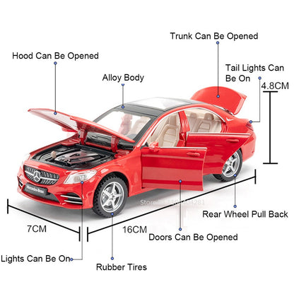 1:32 C260L E300L Carro de Brinquedo em Miniatura de Liga Fundida, 6 Portas Abertas, Luz e Som, Fricção, Pneus de Borracha, Veículo para Crianças de Presente