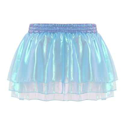 Womens Tiered A-line Pleated Short Skirt Shiny Glitter Skirt for Rave Festival Pole Dance Bar Party Skirt Night Club Costume