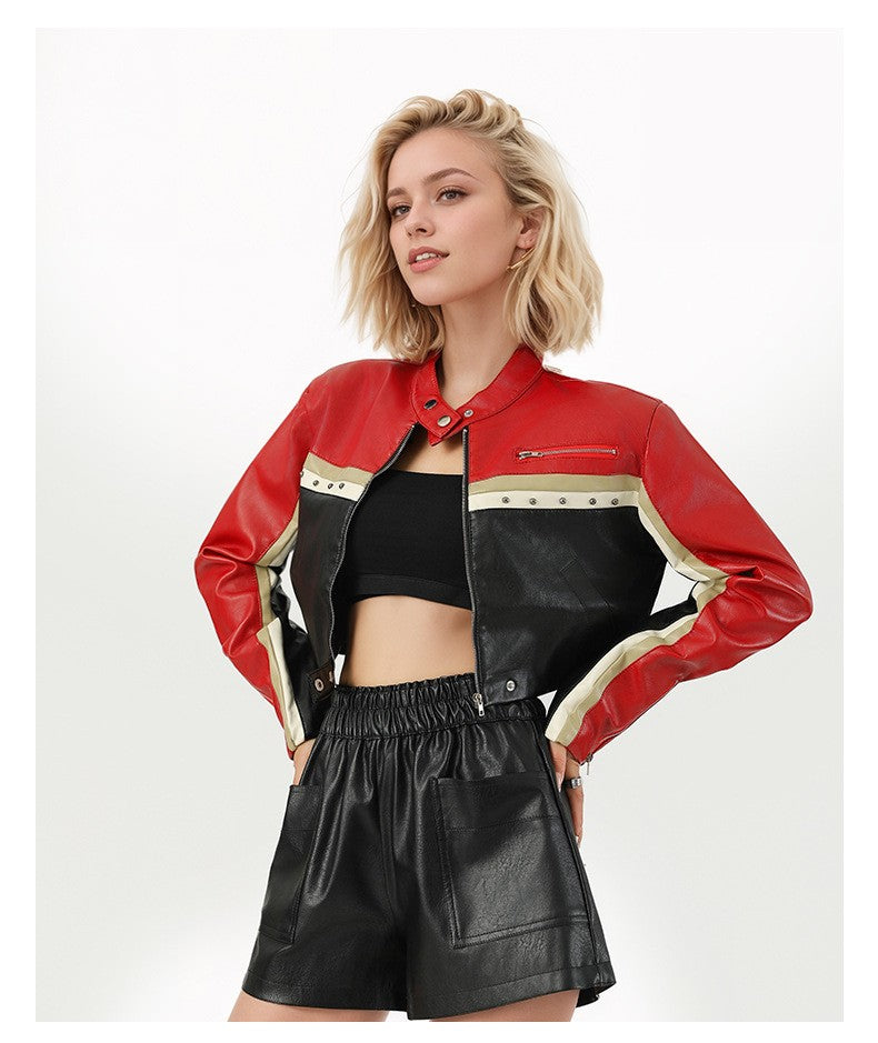 New Fall Women's Red Long-Sleeve Faux Leather Jacket, Short-Length Fashionable Biker PU Coat.