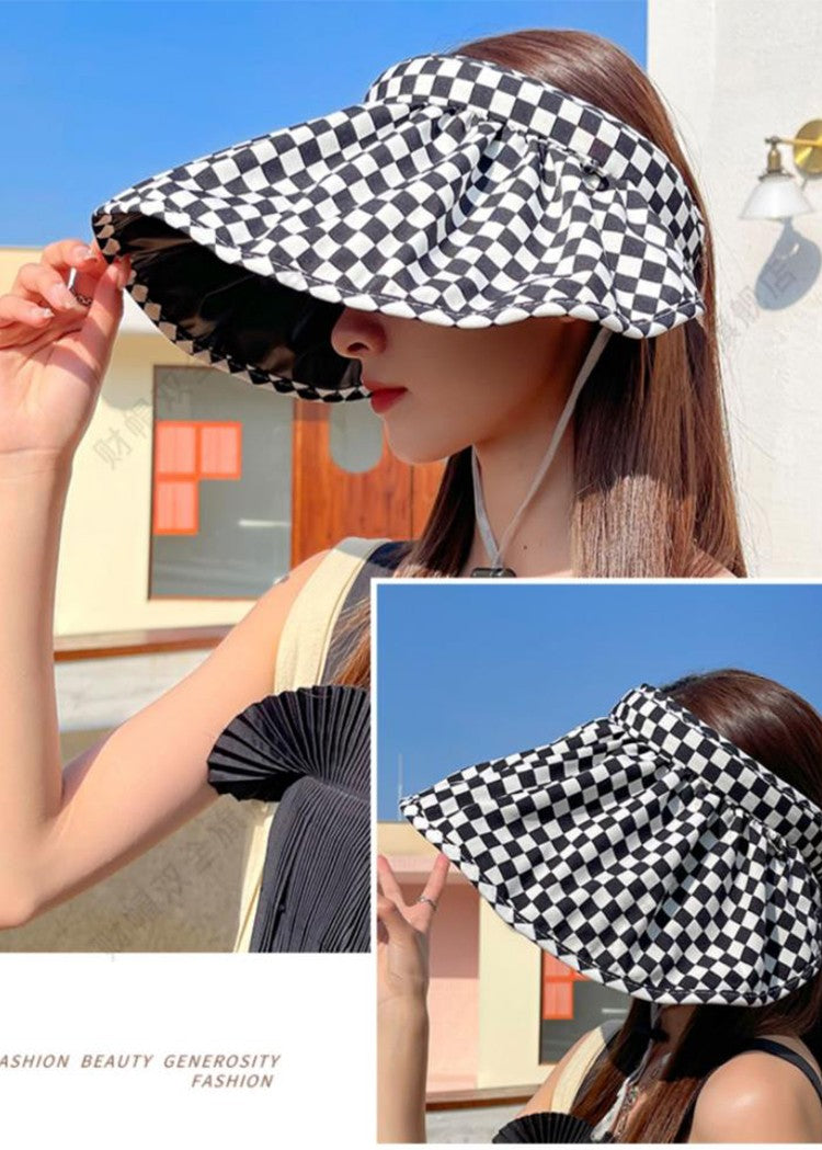 Chapéu gradiente xadrez Chapéu de verão feminino Chapéu vazio Viseira de sol Chapéu de sol de verão com aba larga Chapéu de proteção UV para mulheres Chapéu de praia