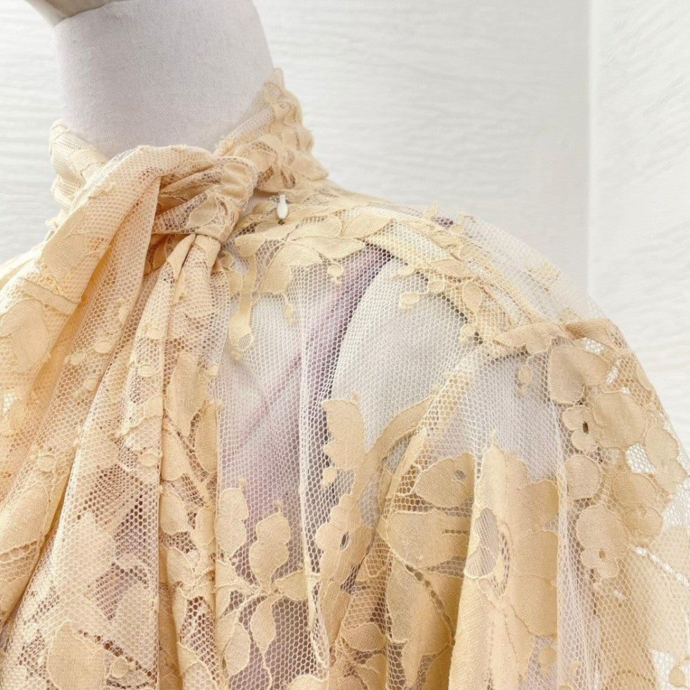 Milk Tea Color Long Sleeve Lace See Through Blouse Tops 2025 New Design