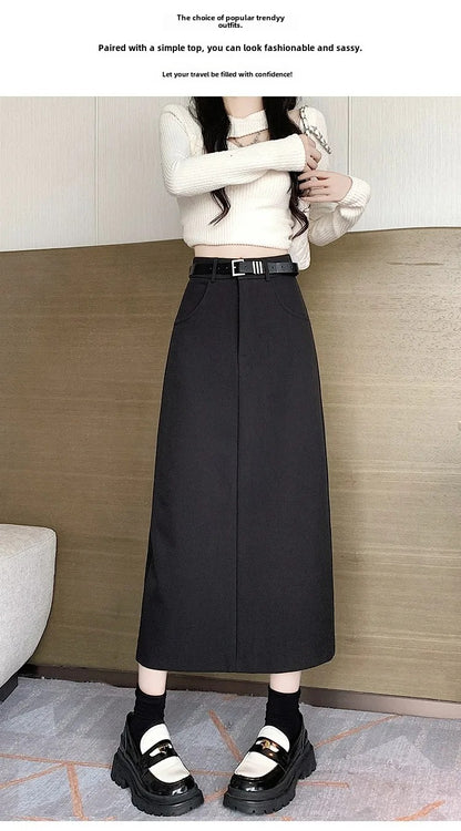 Grey High-waisted A- line Skirt Half Dress Petite Long Dress Autumn/winter For Women Side Slit Workwear
