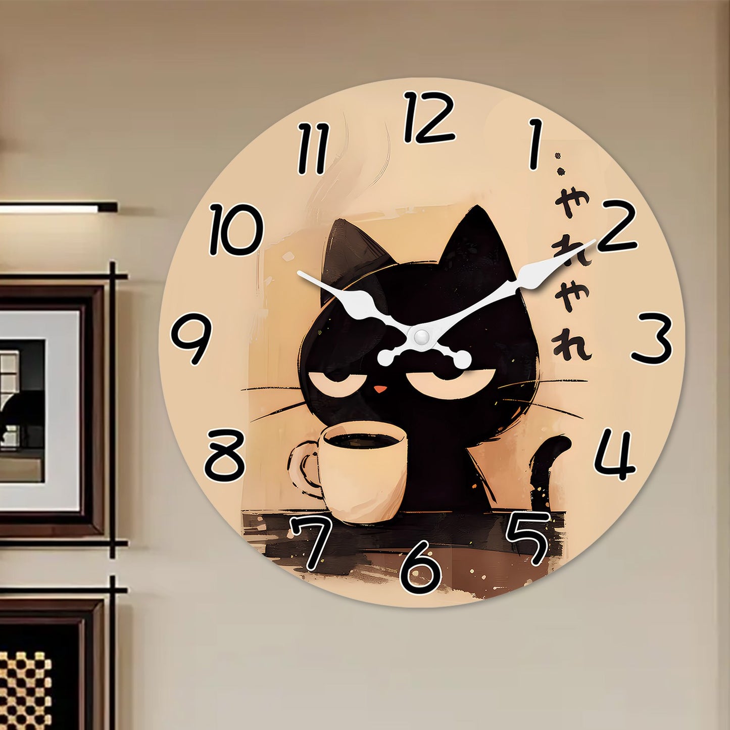 Retro Cute Black Cat Drinking Coffee Pattern Wooden Wall Clock Living Room Bedroom Kitchen Home Decoration Wall Clock Silent Quartz Clock Holiday Gift 10 Inches 12 Inches 14 Inches 16inch (Without Batteries)