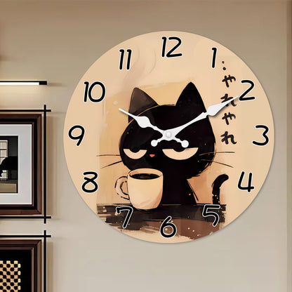 Retro Cute Black Cat Drinking Coffee Pattern Wooden Wall Clock Living Room Bedroom Kitchen Home Decoration Wall Clock Silent Quartz Clock Holiday Gift 10 Inches 12 Inches 14 Inches 16inch (Without Batteries)