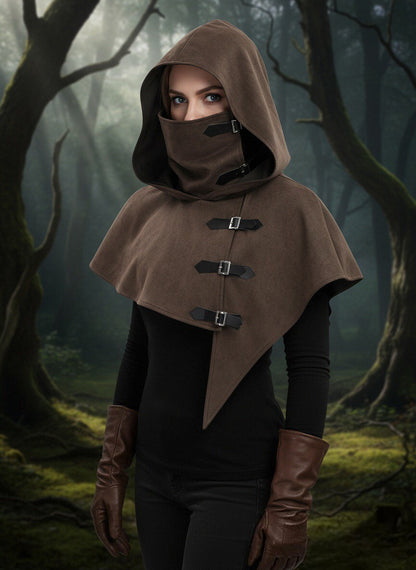 Vintage Medieval Hood Shawl Scarf Set Gothic Assassin Cowl Cape Adult Cosplay Cloak LARP Halloween Carnival Themed Party Outfit