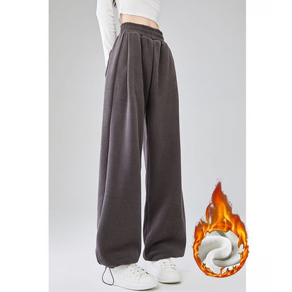 Winter Lady Snow Warm Thin Straight Leg Pants Girls Classic Daily Plush Trousers Women High Waist Thermal Fleece Pants