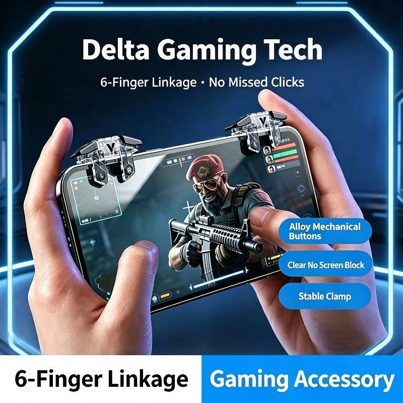 NEW Six Fingers Linkage Gamepad Mobile PUBG Game Trigger L1 R1 ABS Body Alloy Key Mechanical Buttons for 6.0-14.0mm Smart Phone
