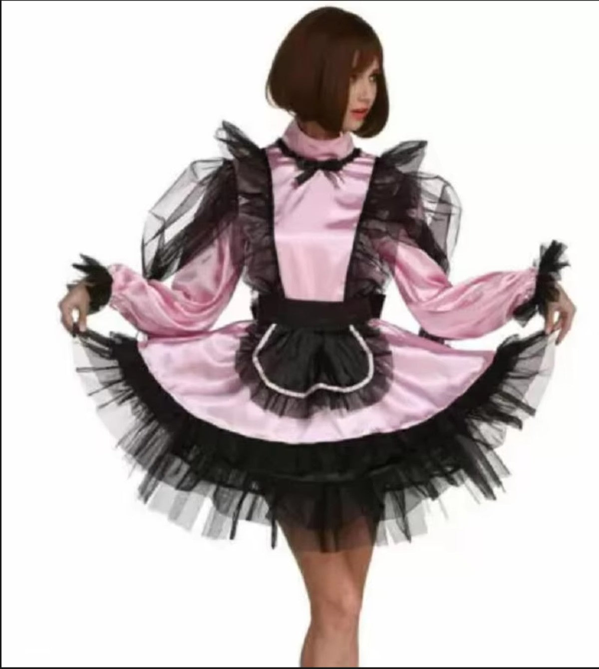 Dresser's Cross Dressing UniformSissy  Girl Modeling Organza Dyed Pink Medium Neck Long Sleeved Dress Cross Mai Can Be Customiz