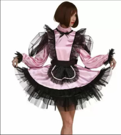 Dresser's Cross Dressing UniformSissy  Girl Modeling Organza Dyed Pink Medium Neck Long Sleeved Dress Cross Mai Can Be Customiz