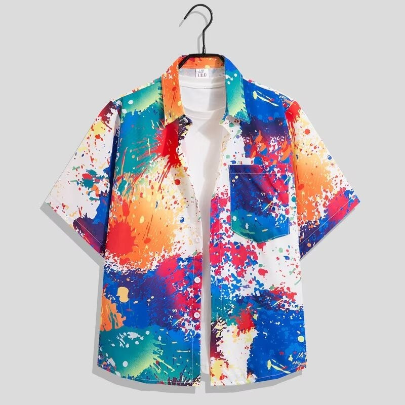 Y2K Men Oversize Street Fashion Summer Daily Shirt Hawaiian Splash-ink Print Casual Loose Short Sleeve Beach Shirts For Man Tops