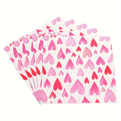 20pcs Romantic Pink Heart Pattern Disposable Napkins Valentine's Day Weddings Birthdays Party Decoration Tableware Lining Paper
