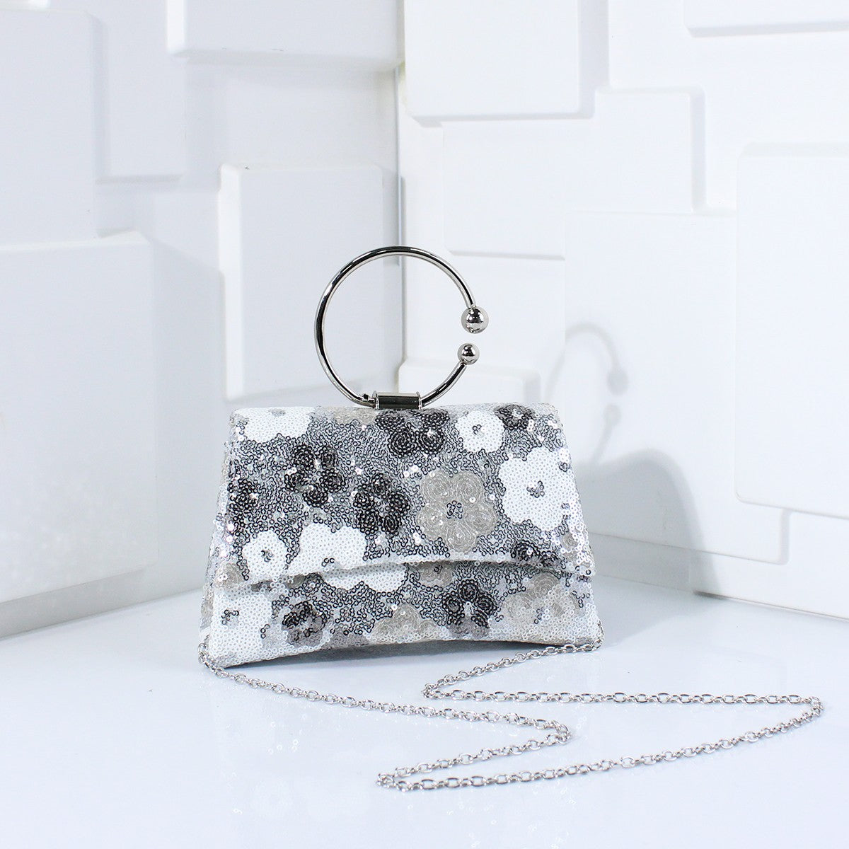 Metal Top Handle Bags for Bridal Women Shiny Sequins Evening Handbag Colorful Flowers Party Clutch Purse Chain Shoulder Bags