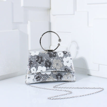Metal Top Handle Bags for Bridal Women Shiny Sequins Evening Handbag Colorful Flowers Party Clutch Purse Chain Shoulder Bags