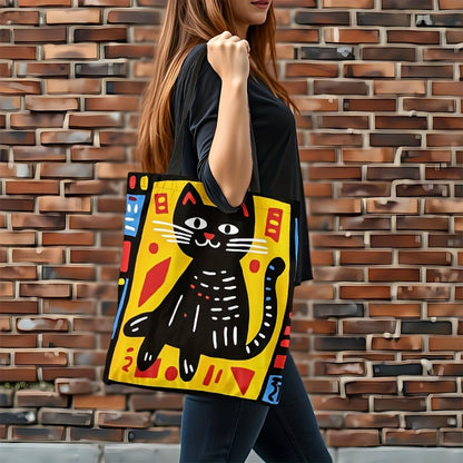1pc Graffiti Cat Polyester Tote Bag, Durable Rectangle Shopping Bag, Ideal for Easter, Ramadan