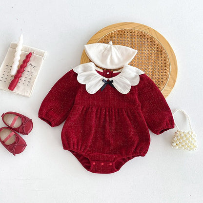 Newborn Christmas Red Clothes Autumn Kids Baby Girls Sweet Petal Collar Princess Rompers Infant New Baby Girls Rompers Clothes