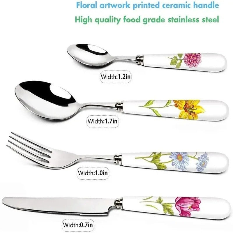 Conjunto de Talheres de 24 Peças com Cabo de Cerâmica e Facas, Garfos e Colheres de Aço Inoxidável em Caixa de Presente para Utensílios de Mesa e Jantar