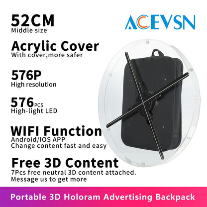 52CM LED 3D Holographic Fan Projector Portable Backpack with WiFi 576pcs Projector for Christmas Event Parties Advertising