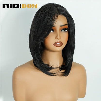 FREEDOM Perucas Sintéticas Front Lace para Mulheres 13x4 Pré-arrancadas Prontas Para Usar Peruca Curta Bob Com Franja Pré-cortada Ombre Blonde Lace Wigs